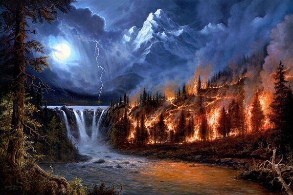 Foresta di fuoco e cascata nella luna piena