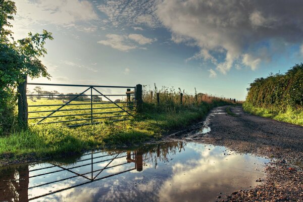 Puddle on the road by the fence