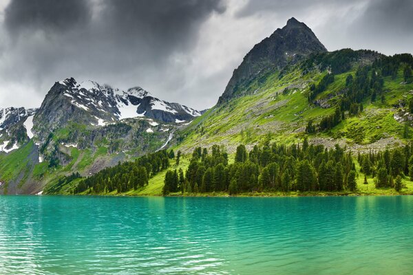 Lago azul claro entre montañas cubiertas de nieve