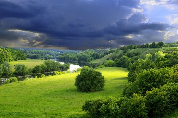 Il cielo stretto sopra il prato verde