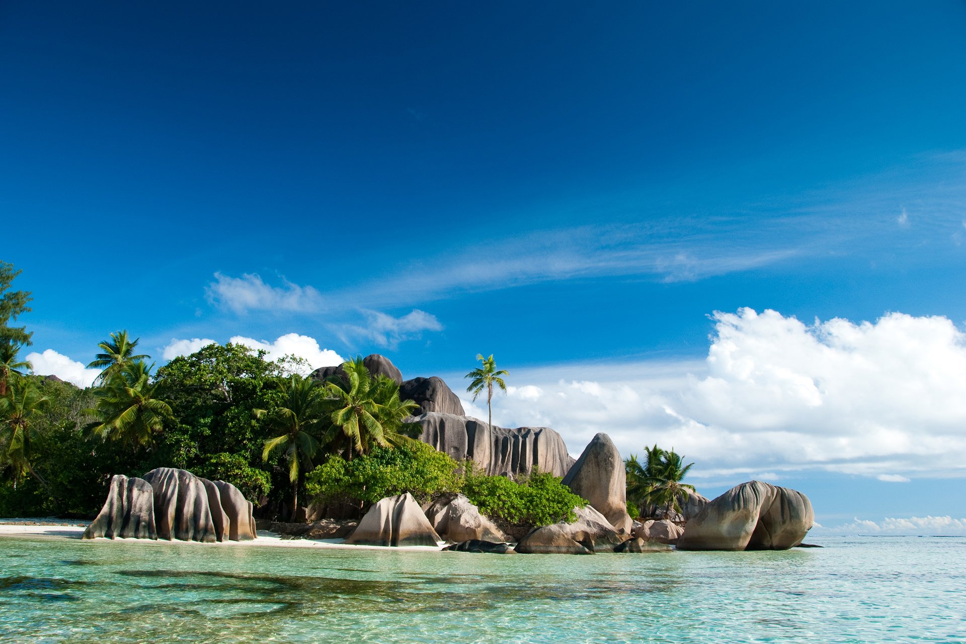 seychellen inseln felsen palmen ozean meer wasser