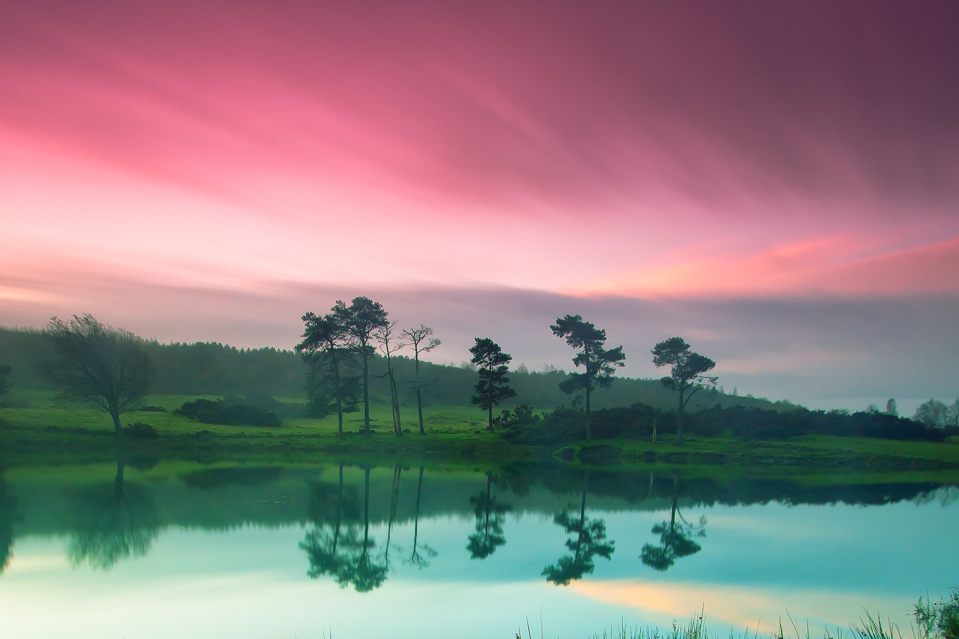 nature river beach green pink sky