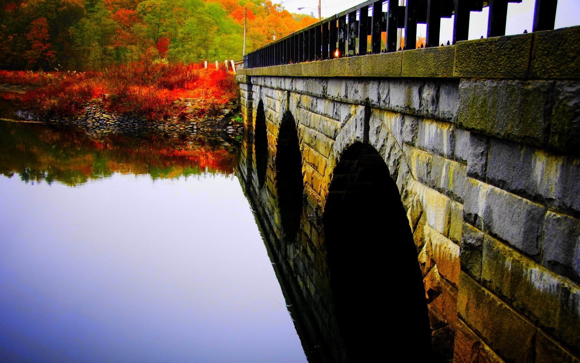 herbst fluss wasser oberfläche stein brücke park bäume