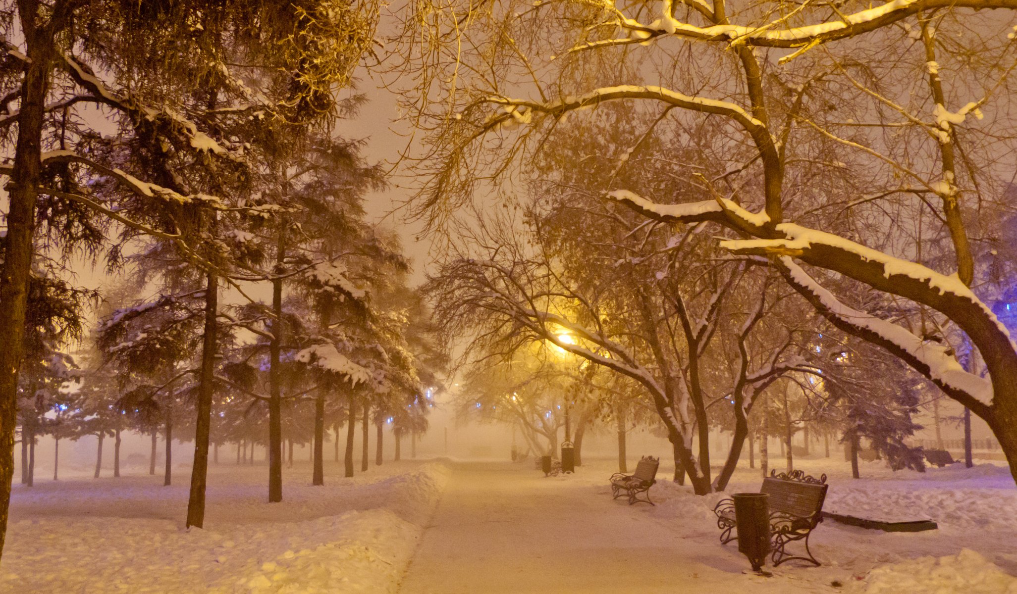 neujahr gasse schnee frost nebel platz bank laterne girlande nacht