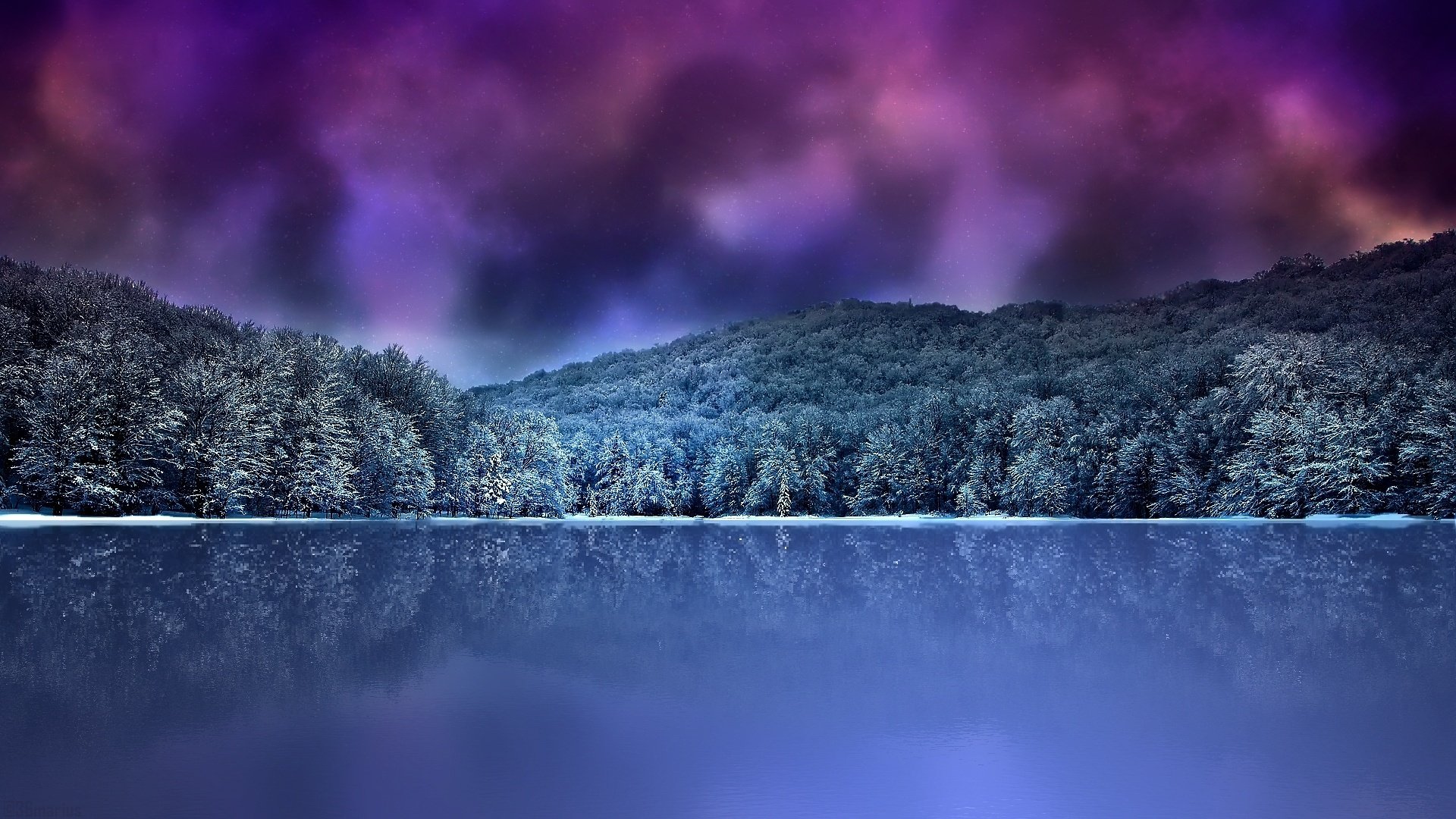 winter berge wald see nacht wolken