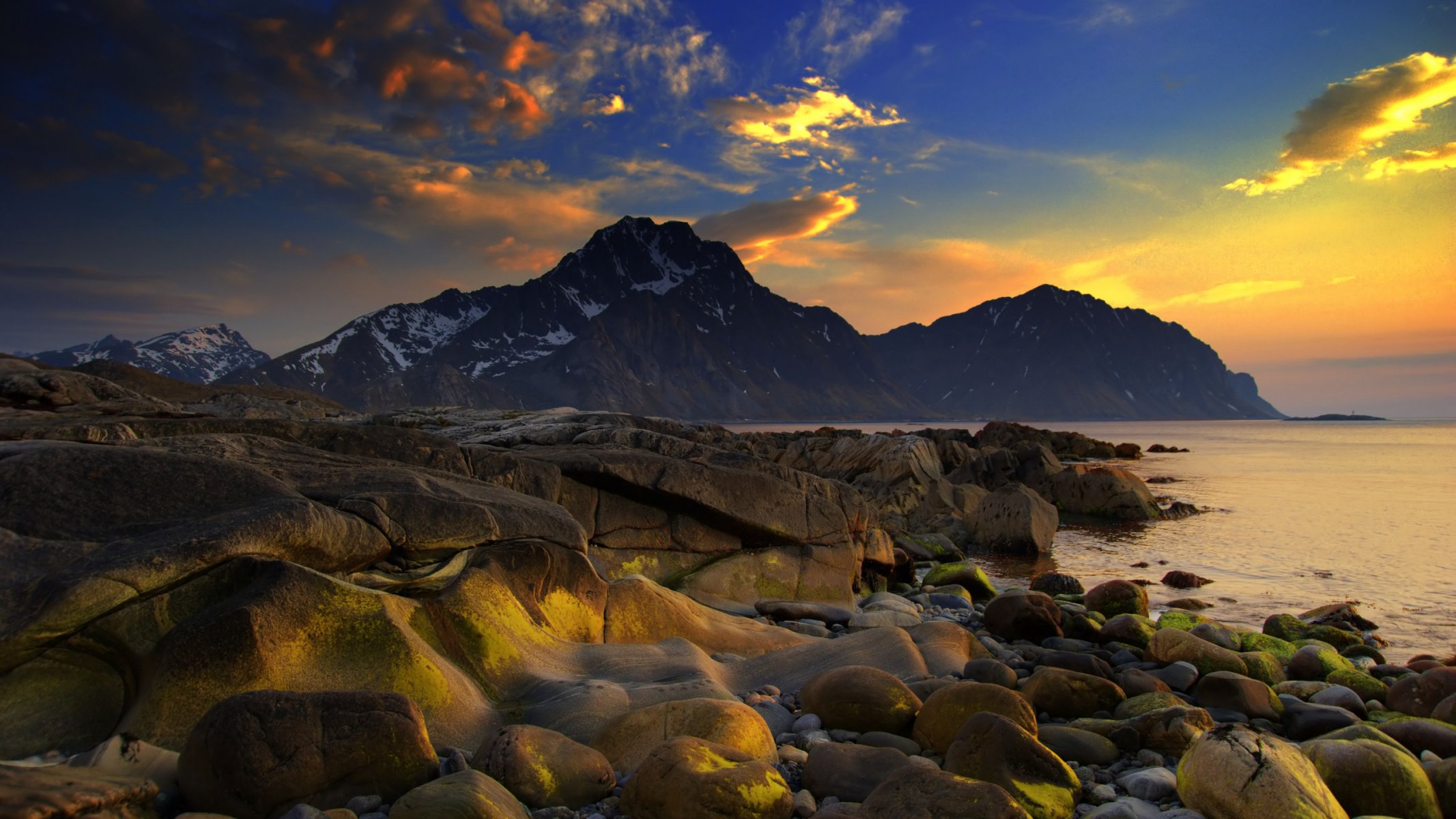 nature landscape sunset rocks shore mountains sea ocean water snow sky clouds paints rocks colors 10801440