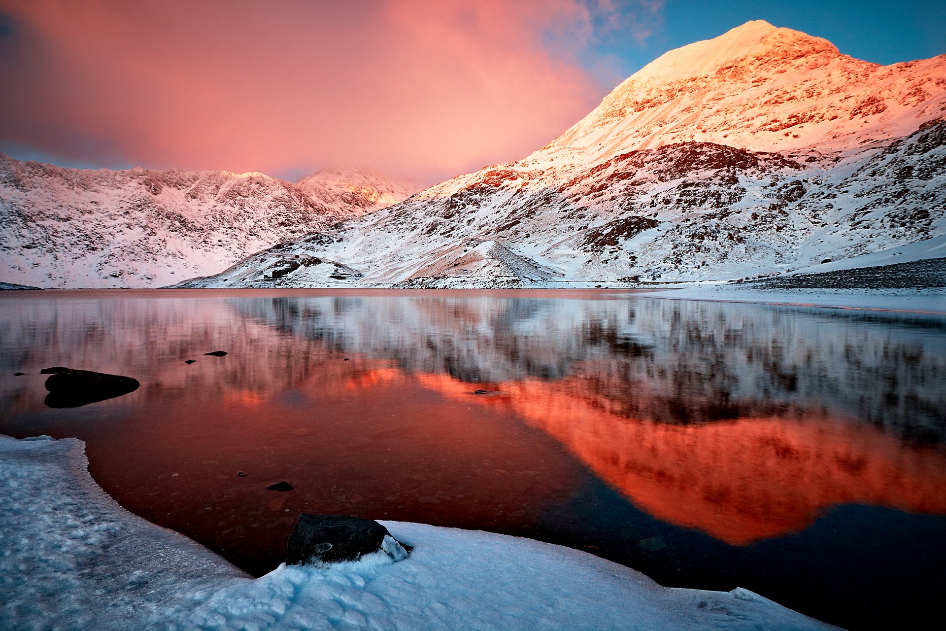 nature mountain snow lake reflection clouds sky