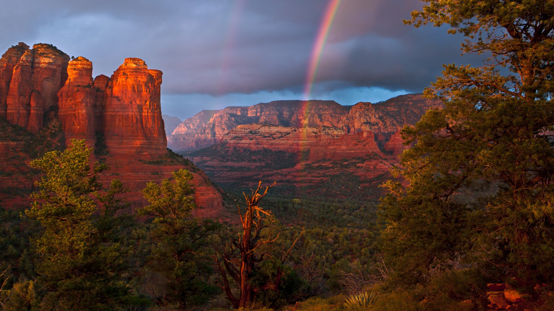 arcobaleno cielo nuvole montagne alberi paesaggio