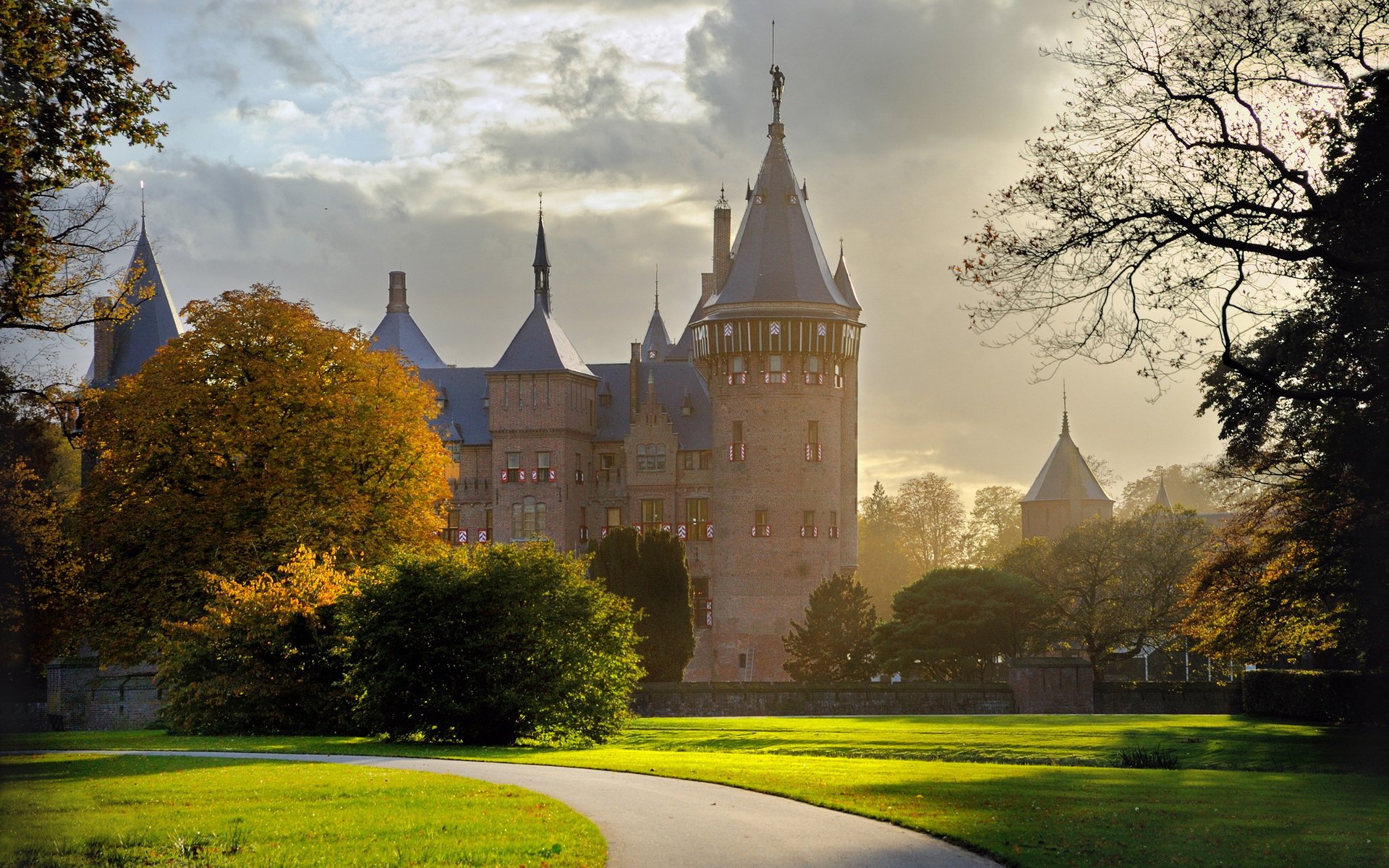 nature landscape castle trees grass light sky clouds 1920x1200