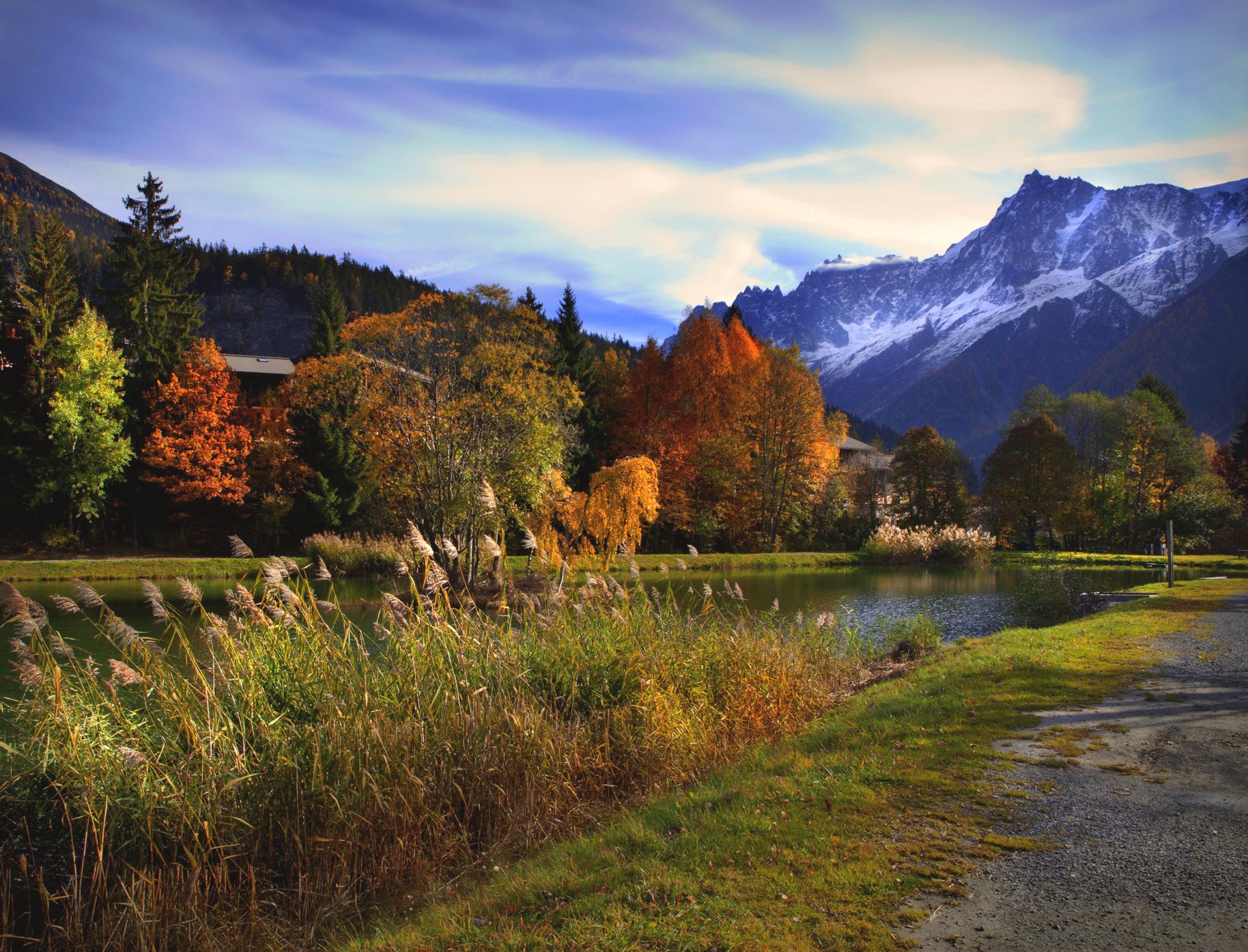 autumn day mountain tree river blue sky cloud