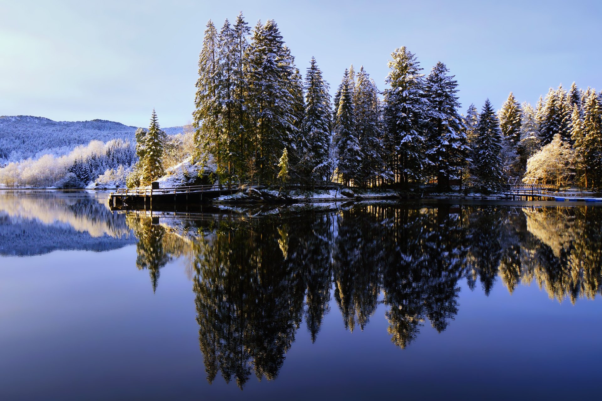 natur winter see wald himmel reflexion