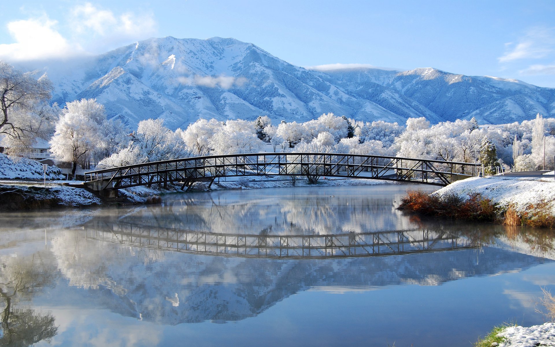 nature hiver neige givre rivière pont montagnes