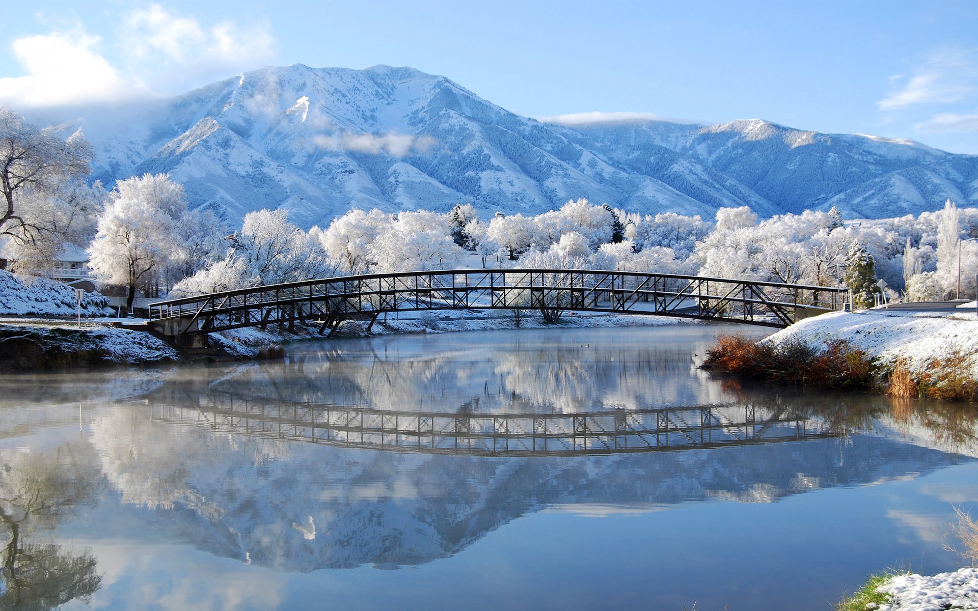 naturaleza invierno nieve escarcha río puente montañas