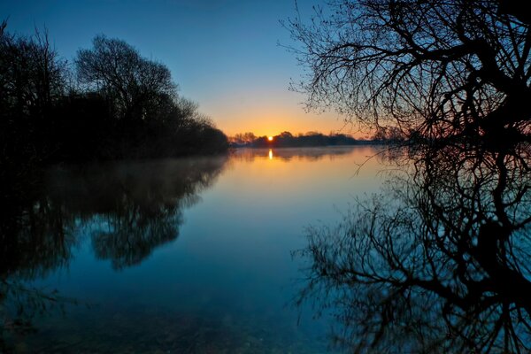 Coucher de soleil sur le lac, réflexion des arbres dans l eau