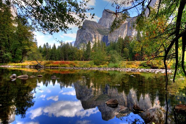 Lac dans les montagnes avec des pierres et des branches