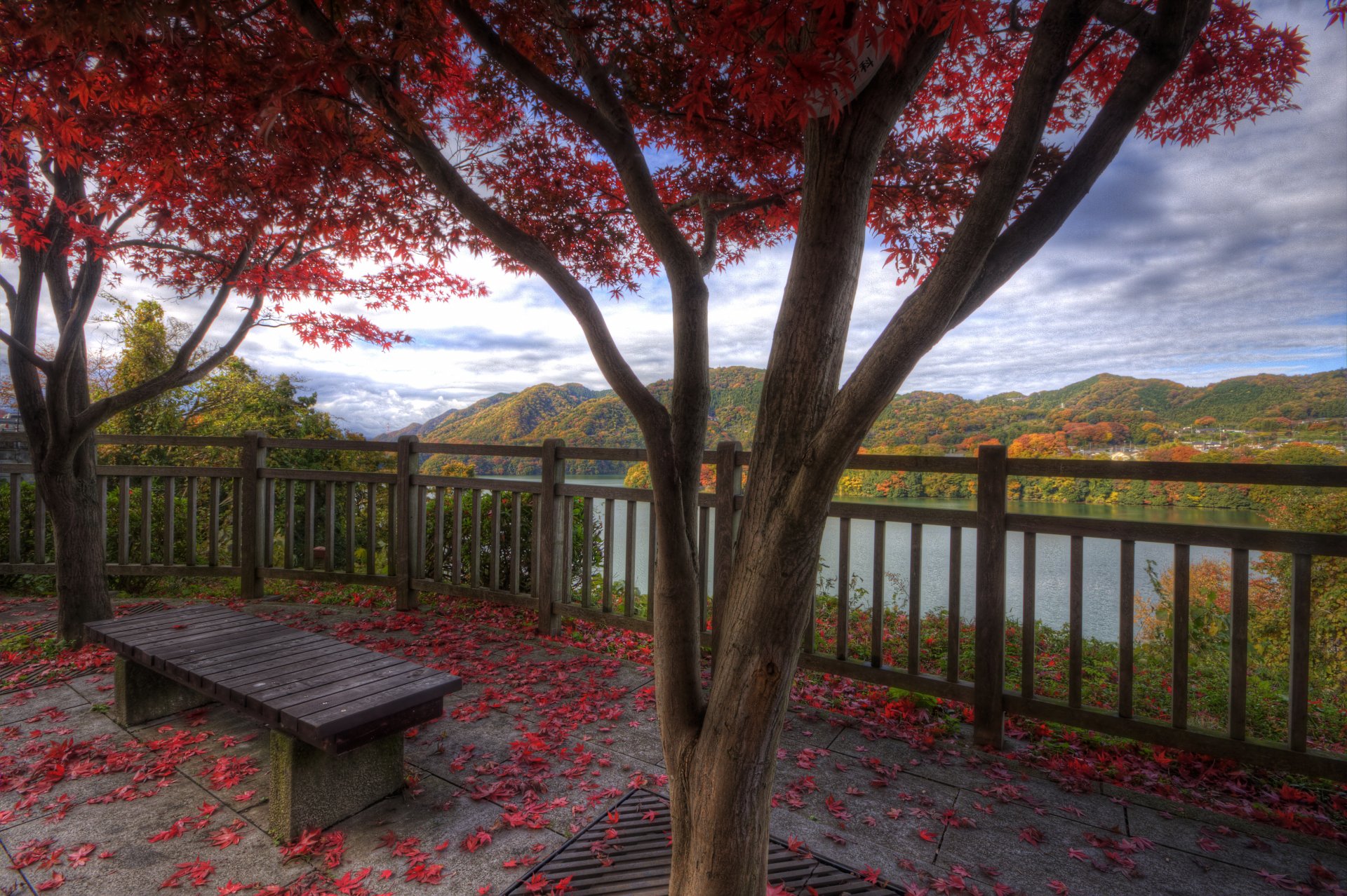 nature automne village montagnes lac feuillage beauté calme banc harmonie
