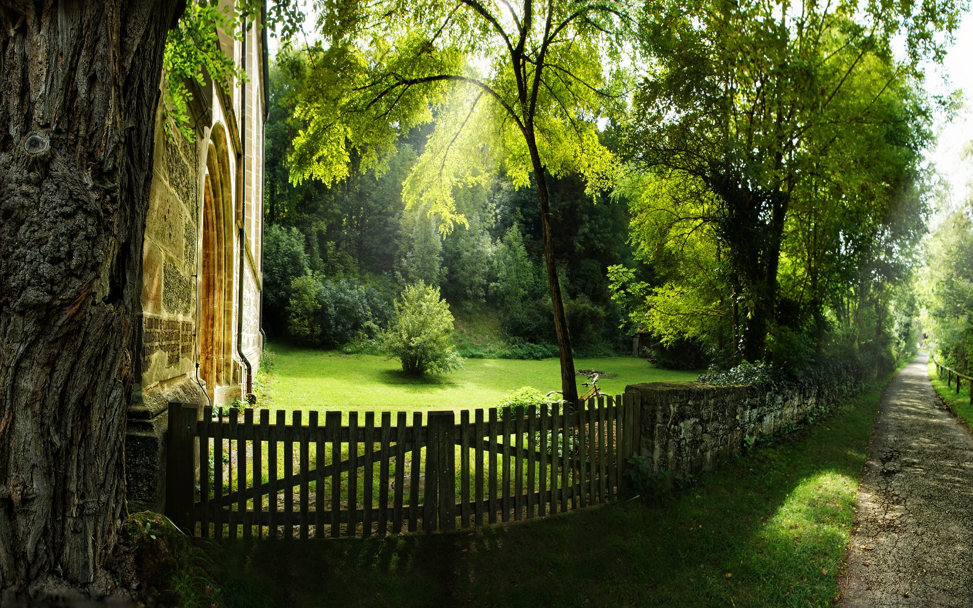 natur baum bäume zäune gasse gassen fußweg gehwege gehwege gras sommer frühling licht strahlen häuser herrenhaus fahrräder fahrräder