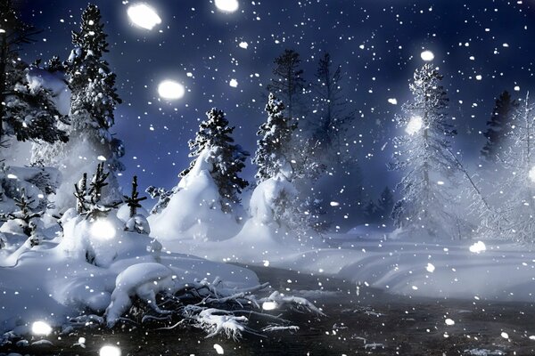 Winter night landscape. Christmas trees in the snow