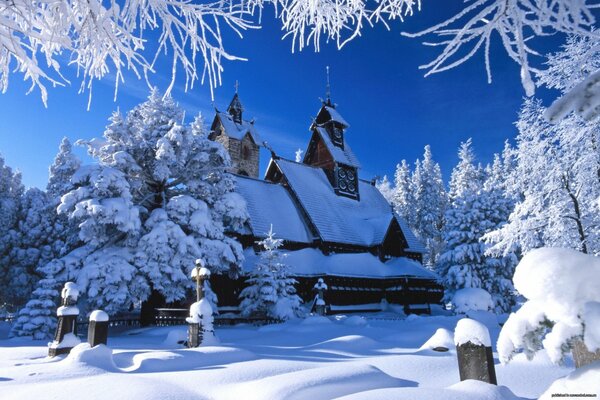 Paesaggio invernale. Chiesa e alberi nella neve