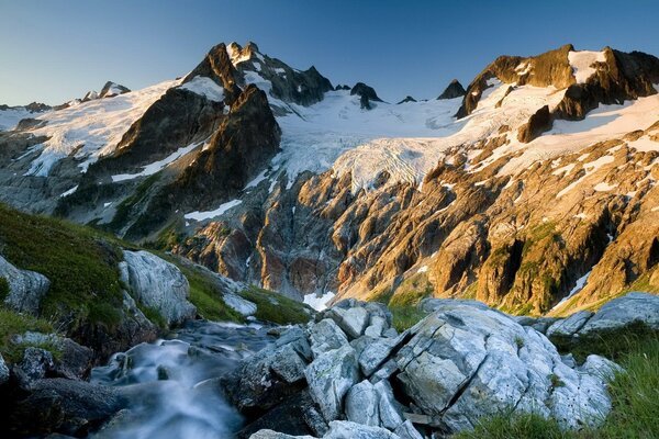 Snowy mountains in spring