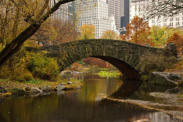 New York bridge in spring against the background of the city