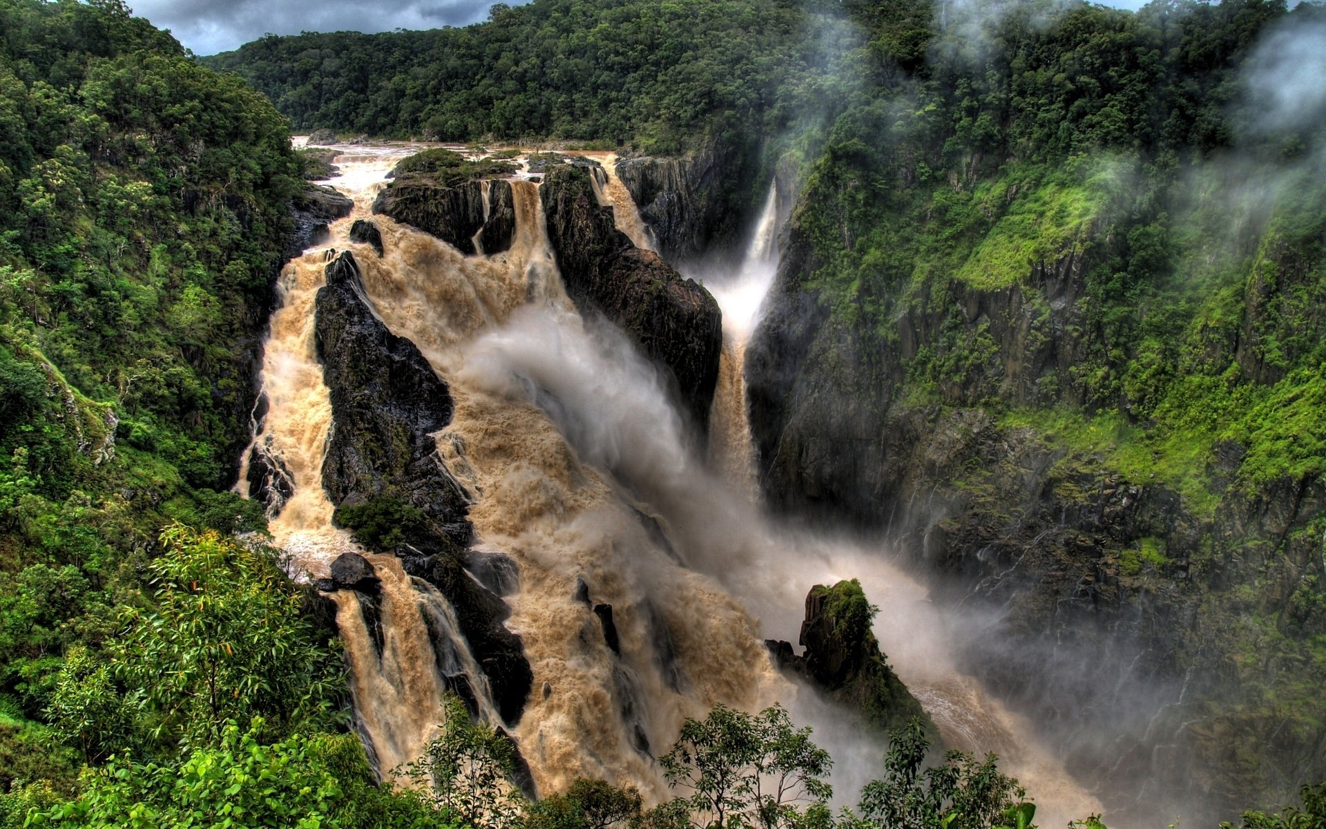 río cascada niebla árboles