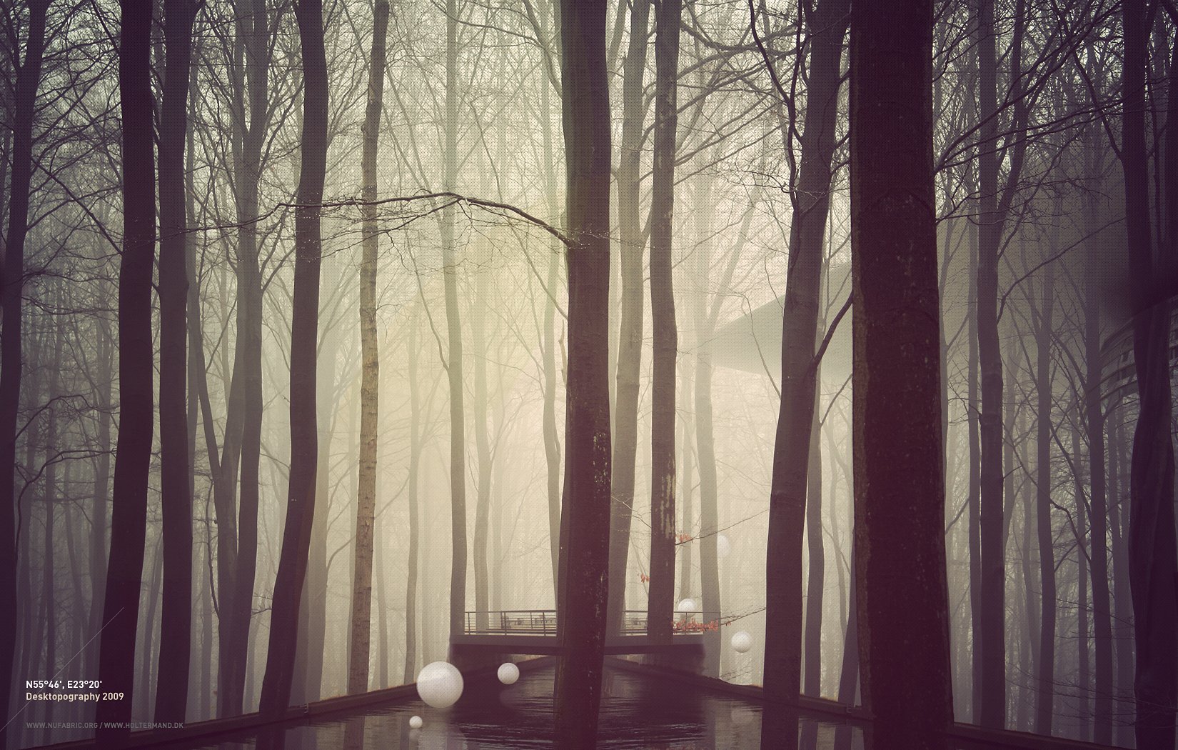 desktopography desktopografi forest tree bridge fog construction river white ball