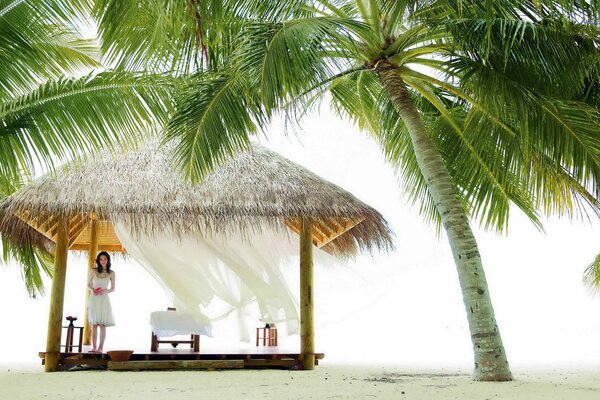 Fille de vacances sur la plage près des palmiers