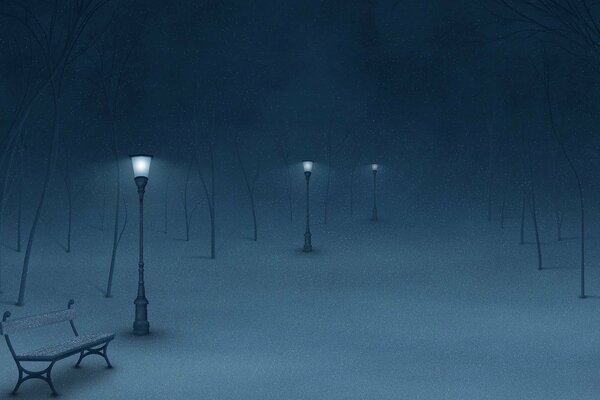 Ein verschneiter Boulevard in der Nacht, der von Laternen beleuchtet wird