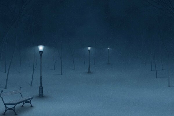 Snow-covered boulevard at night, illuminated by lanterns