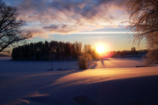 Winter im Wald bei Sonnenuntergang