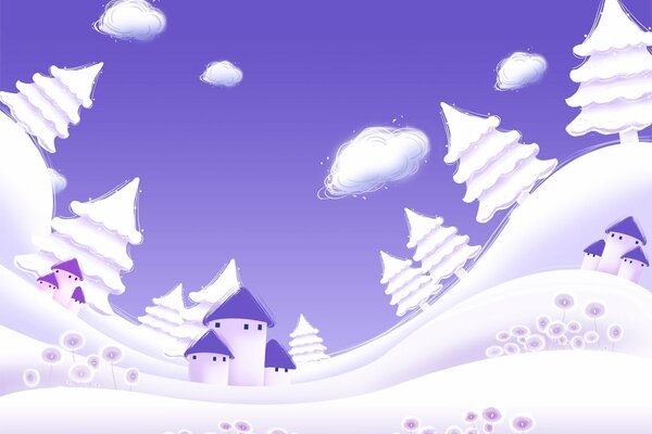 Фиолетовый лес зимой и небо