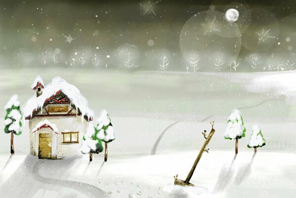 Casa de dibujo en la nieve, alrededor del árbol de Navidad