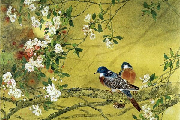 Two birds are sitting on a branch of a flowering tree