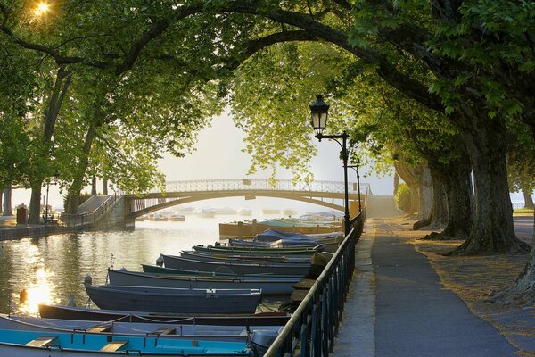 Romantic alley with wooden boats