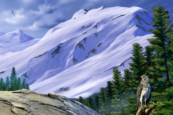 A falcon on a tree branch in the snowy mountains