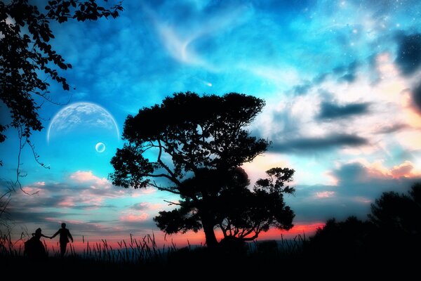 The couple walks away past the silhouette of a tree against the background of the night sky with planets