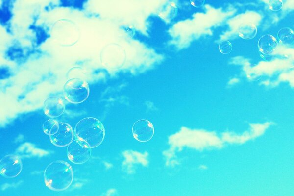 Multicolored bubbles are flying in the sky