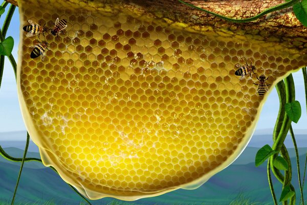 Медовые соты с пчелами на голубом фоне