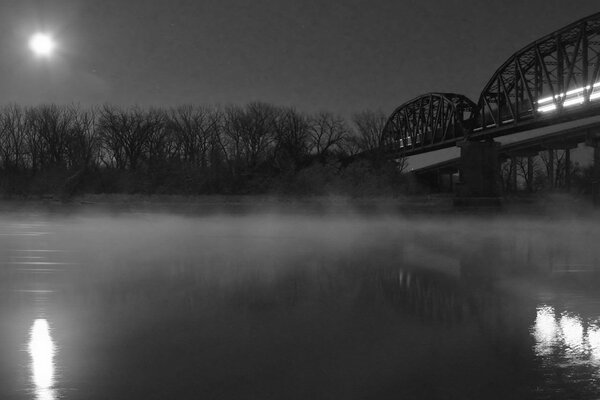 Black and white nature with a river and a bridge