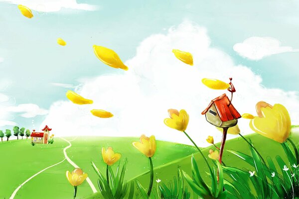 Domek w polu z żółtymi kwiatami