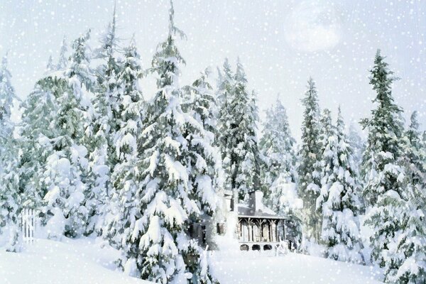 House in the forest covered with snow