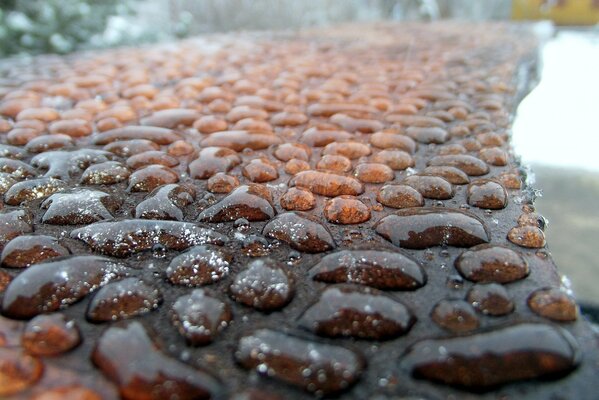 Raindrops on the pavement close-up