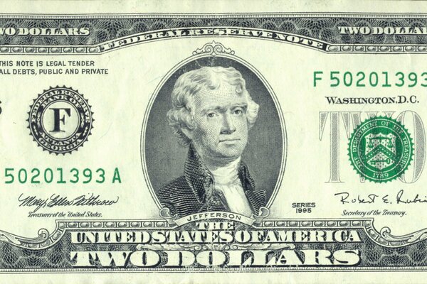 Dos dólares con una imagen de Jefferson
