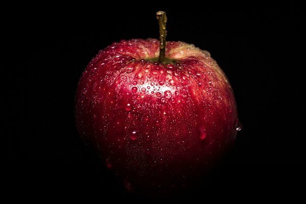 A wet apple. With dew drops. Red apple on a black background