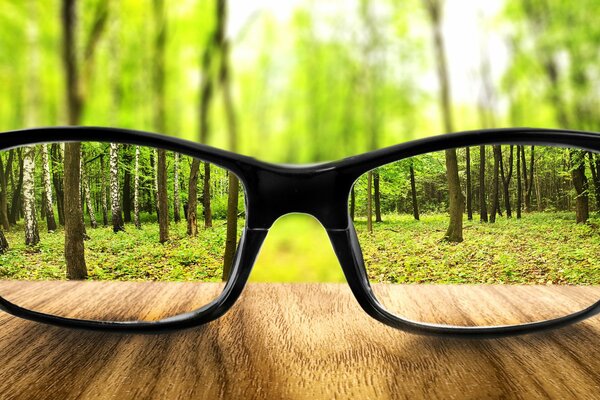 Lunettes sur une table en bois dans la forêt