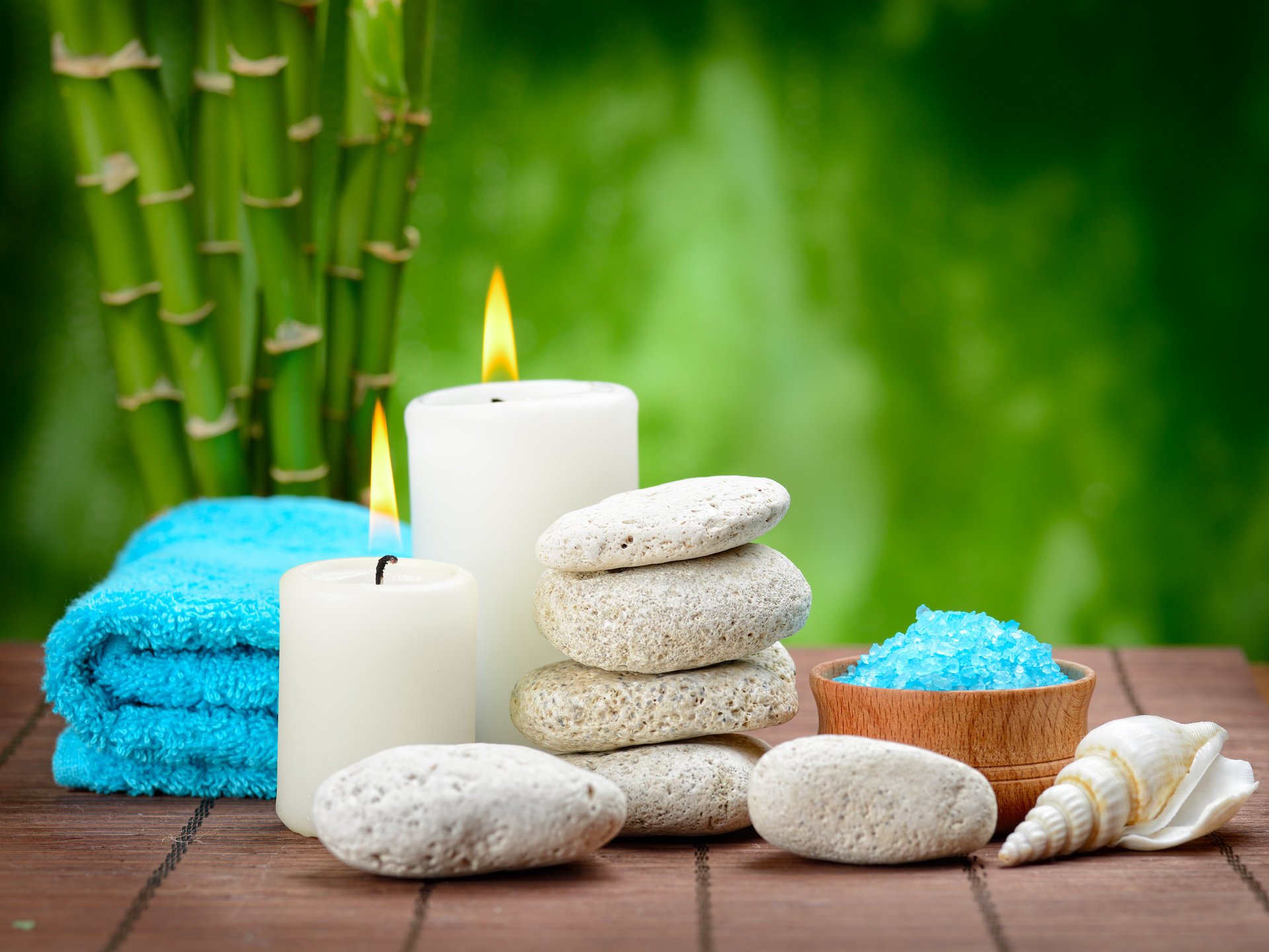 spa zen salz steine kerzen bambus badesalz