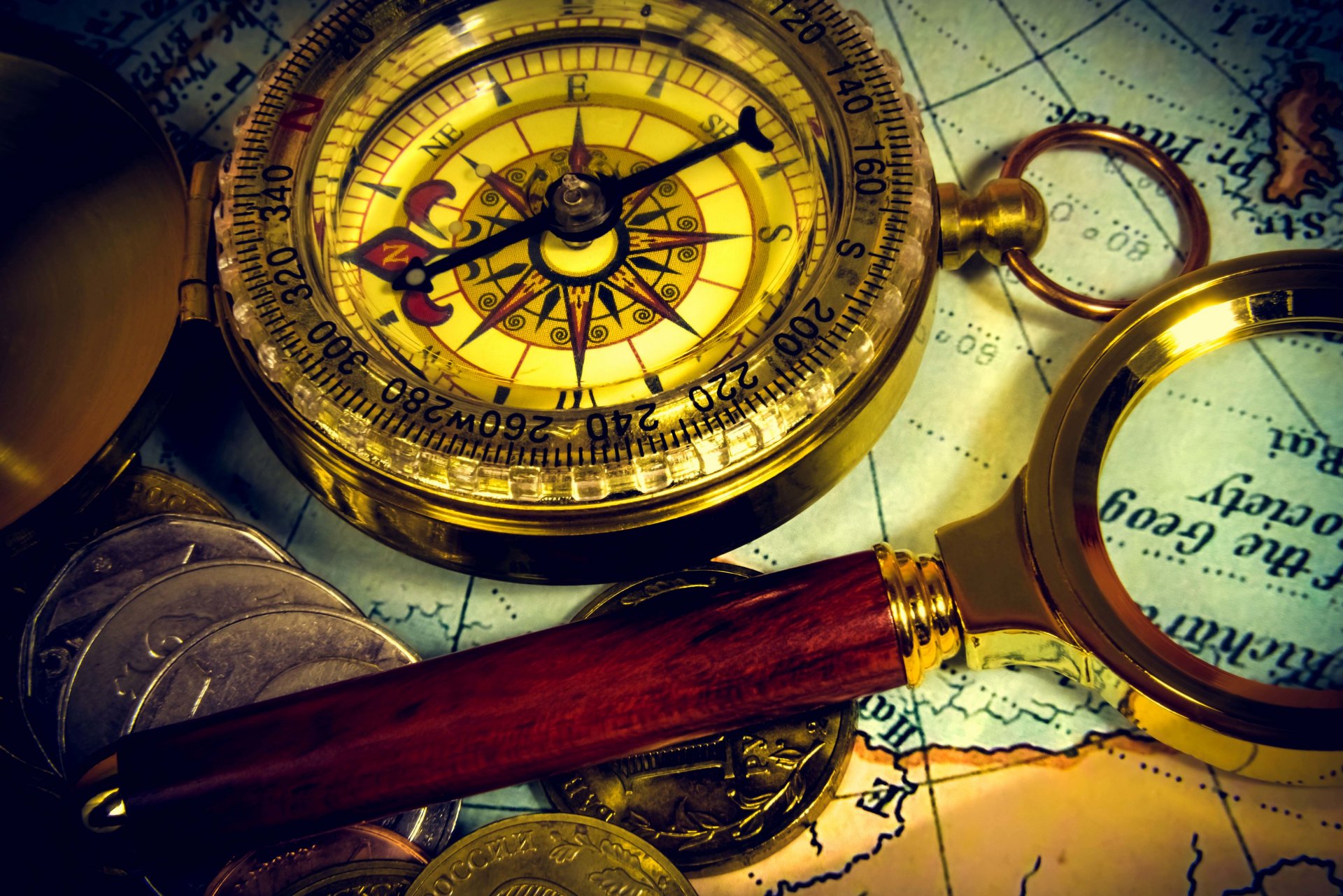 composition ancient map ancient map vintage compass magnifying glass coins travel travel blur bokeh wallpaper