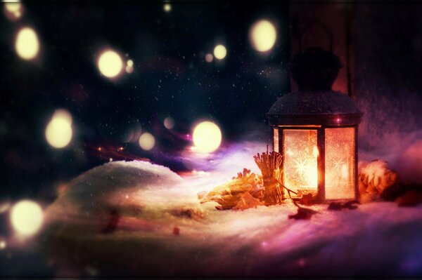 Lantern with branches on a snowy background