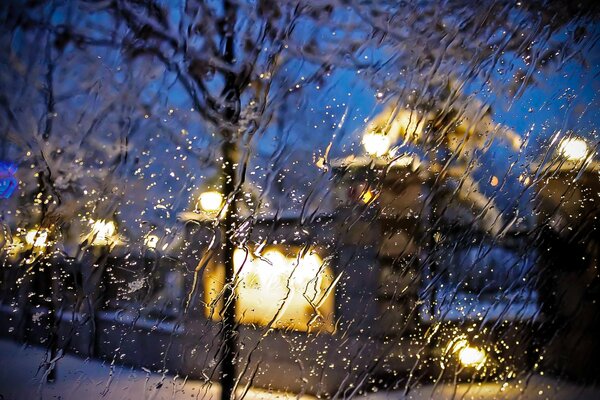 Evening city behind the rain wall